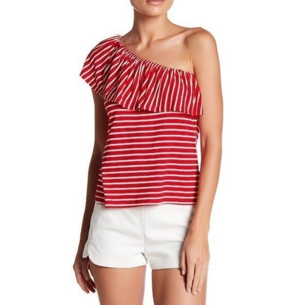 Bobeau One Shoulder Ruffle Stripe Blouse Small Petite Like new